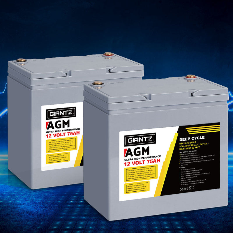 Giantz 12V 75Ah AGM Deep Cycle Battery x2 Portable Solar Caravan