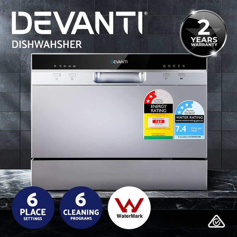 Devanti 6 Place Setting Benchtop Dishwasher Counter Bench Top Dish Washer Sliver