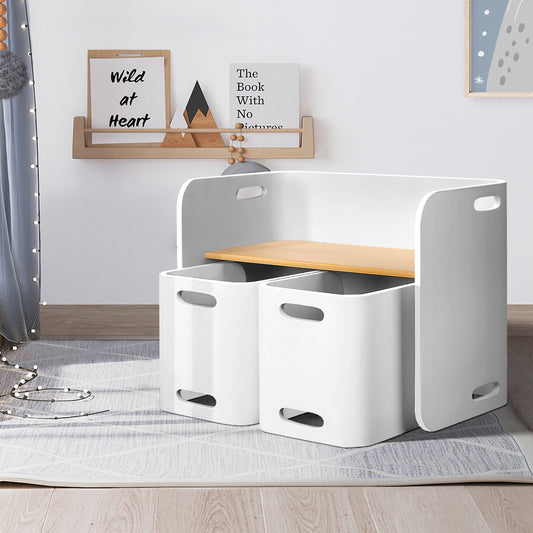 Keezi 3pc Kids Table Chairs Set Storage Desk White