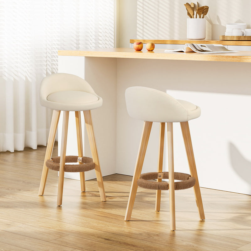 Artiss 2x Padded Leather Bar Stools Wooden Beige
