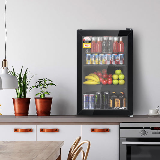 Devanti 70L Bar Fridge Glass Door Black Light