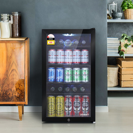 Devanti 98L Bar Fridge Glass Door Black Freezer