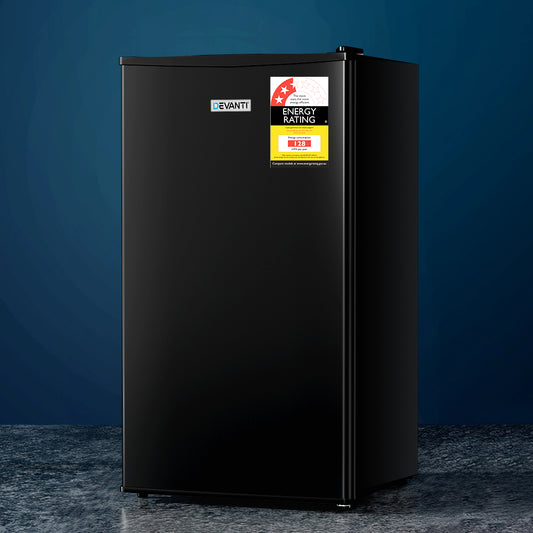 Devanti 95L Bar Fridge Black Glass Door Compact