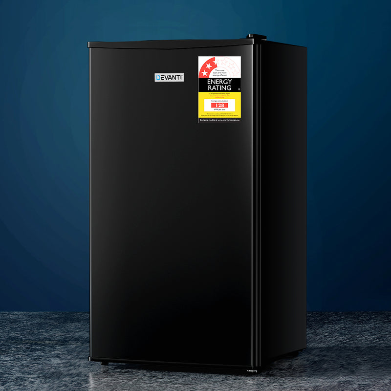 Devanti 95L Bar Fridge Black Glass Door Compact