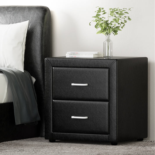 Artiss Bedside Table 2 Drawers Black Leather Side Table