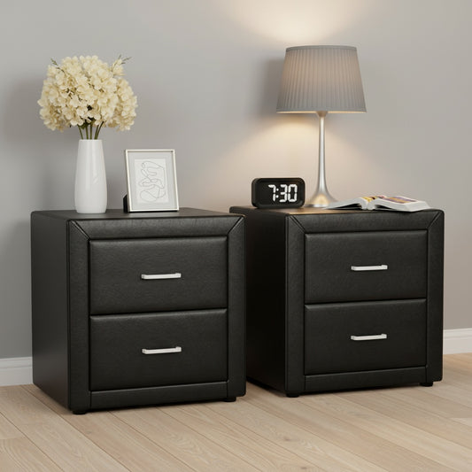 Artiss Bedside Table 2 Drawer Black Leather Side Table