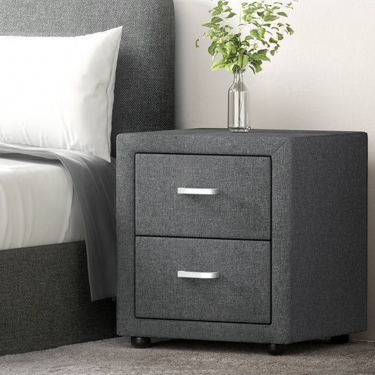 Artiss Bedside Table 2 Drawer Grey Fabric