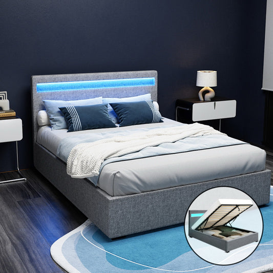 Artiss DOUBLE Bed Frame LED Gas Lift Storage Grey COLE
