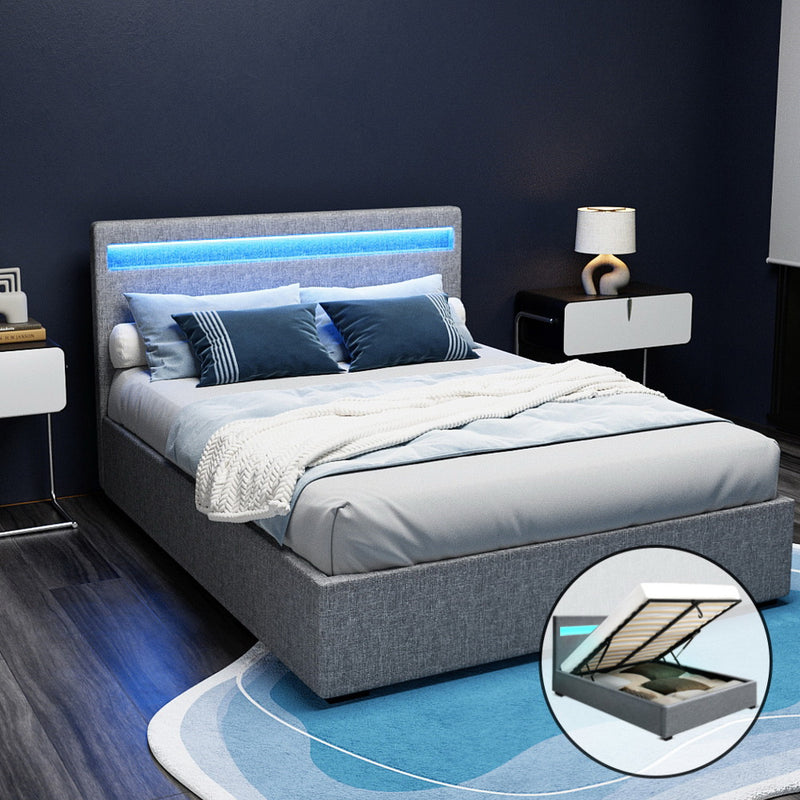 Artiss DOUBLE Bed Frame LED Gas Lift Storage Grey COLE