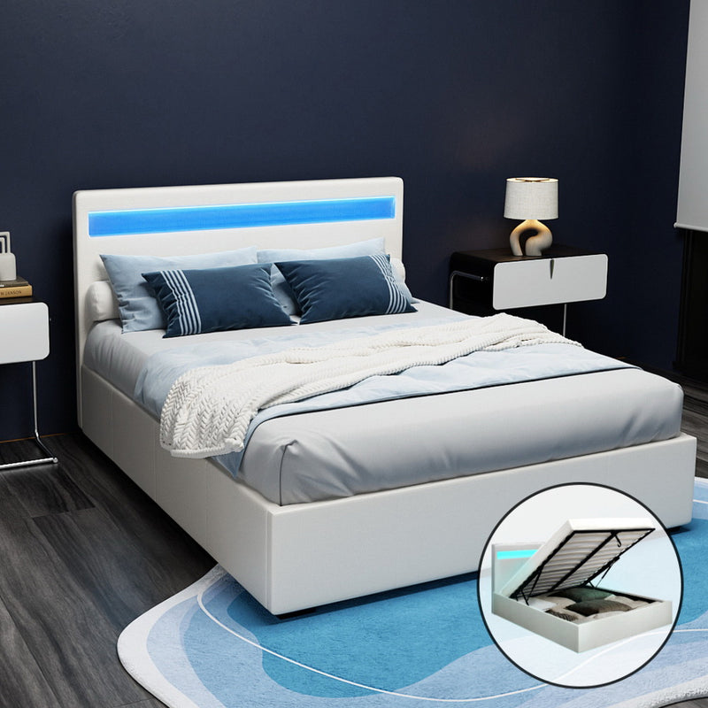 Artiss DOUBLE Bed Frame Gas Lift LED Storage White COLE
