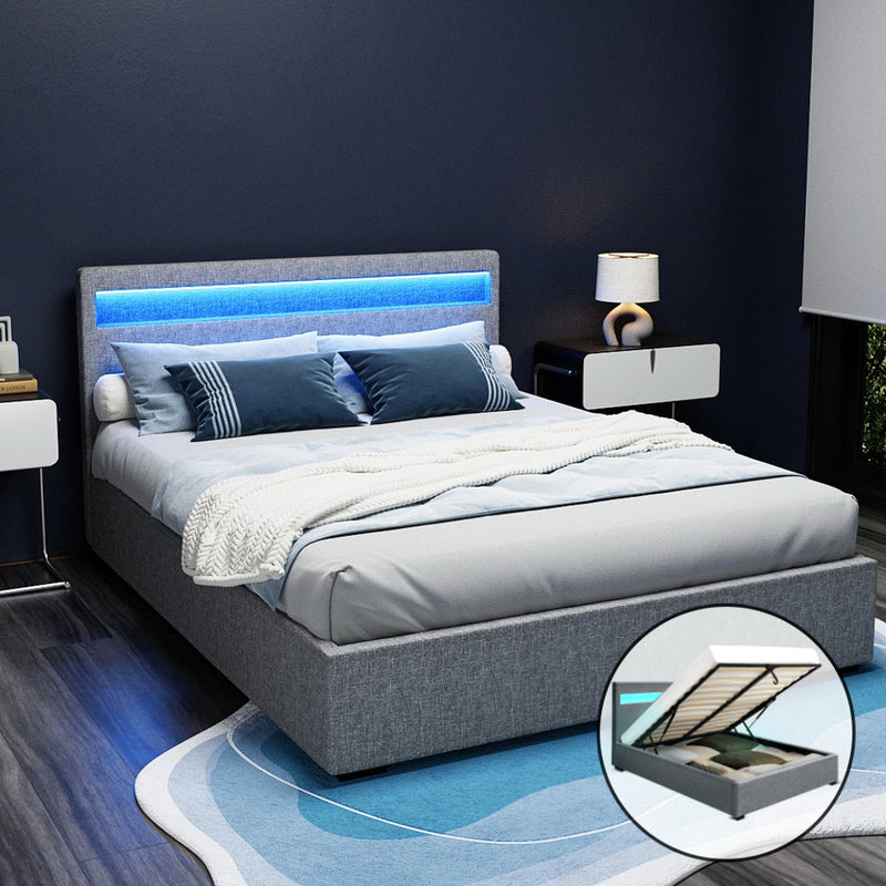 Artiss QUEEN Bed Frame LED Gas Lift Storage Grey COLE