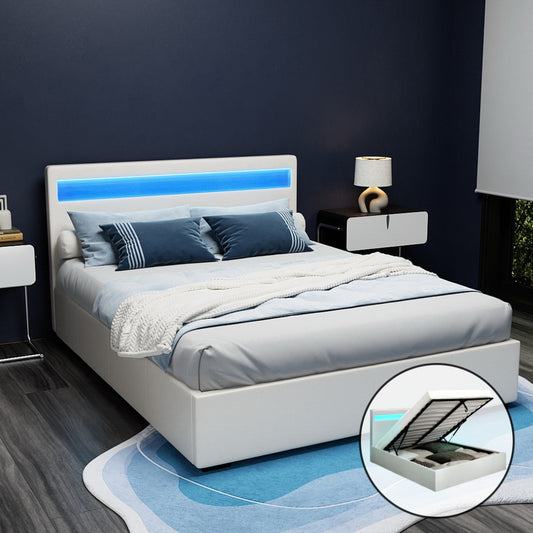 Artiss QUEEN LED Gas Lift Bed Frame White COLE