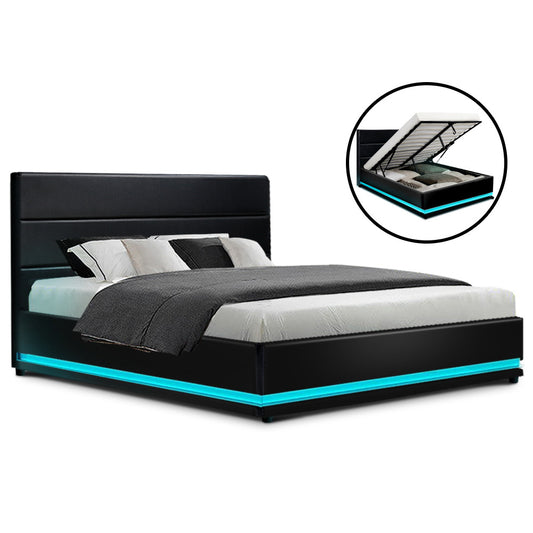 Artiss DOUBLE Bed Frame LED Gas Lift Storage Black LUMI