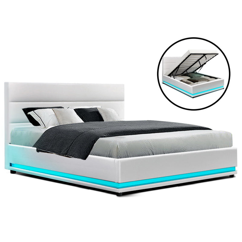 Artiss LED Gas Lift Bed Frame DOUBLE White Storage