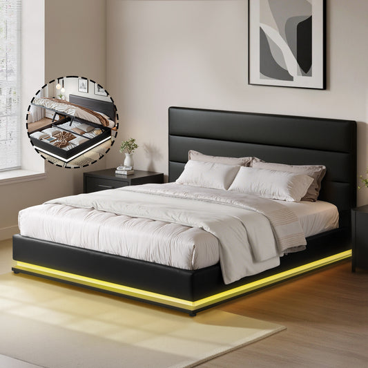 Artiss QUEEN Bed Frame LED Gas Lift Storage Black LUMI