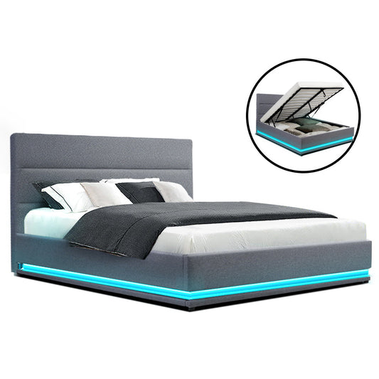 Artiss QUEEN Bed Frame LED Gas Lift Grey LUMI
