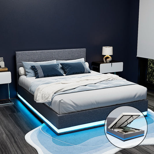 Artiss Bed Frame QUEEN Size LED Gas Lift Grey LUMI