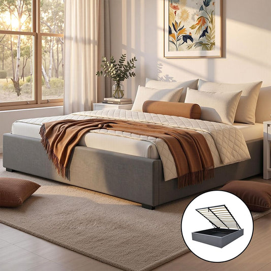 Artiss Bed Frame KING Size Gas Lift Base Grey TOKI