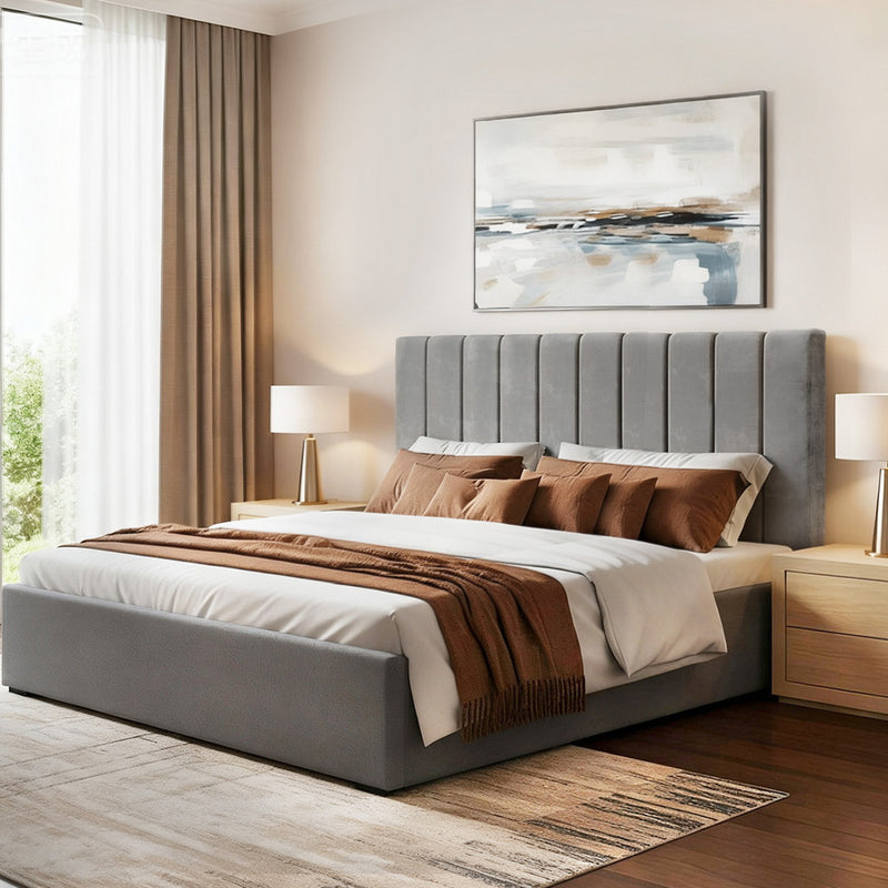 Artiss KING Bed Frame Storage Grey Velvet Gas Lift Platform