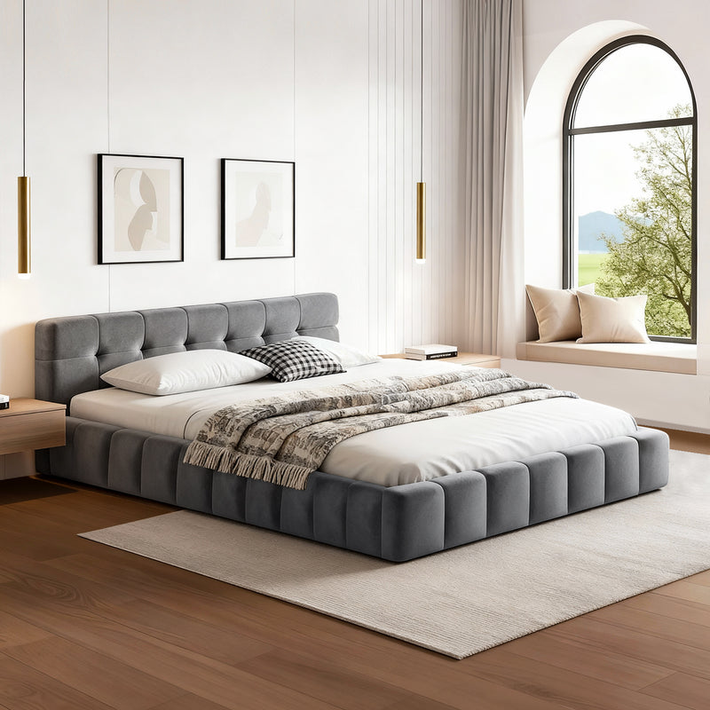 Artiss Double Bed Frame Plush Velvet Headboard Grey Platform