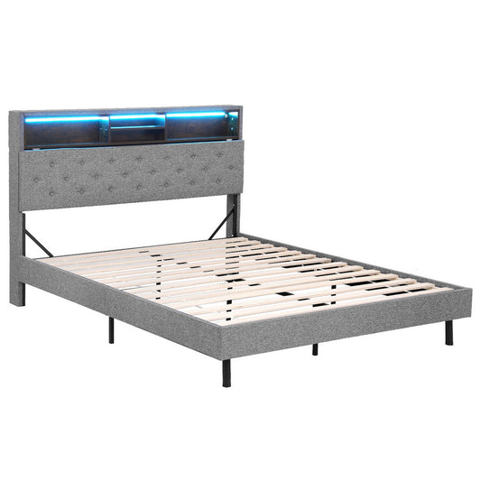 Artiss Queen Bed Frame LED Grey Storage Shelf Mattress Base