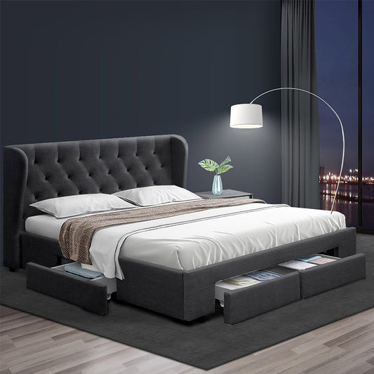 Artiss KING Bed Frame 4 Drawers Charcoal MILA Storage