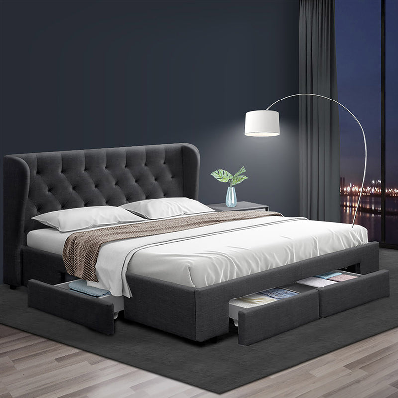 Artiss KING Bed Frame 4 Drawers Charcoal MILA Storage