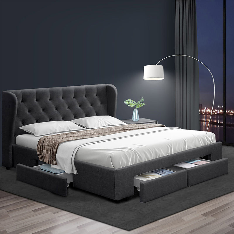 Artiss QUEEN Bed Frame 4 Drawers Charcoal MILA