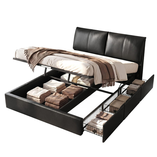 Artiss QUEEN Bed Frame Gas Lift Storage 3 Drawers Adjustable Headboard Platform Bed Black