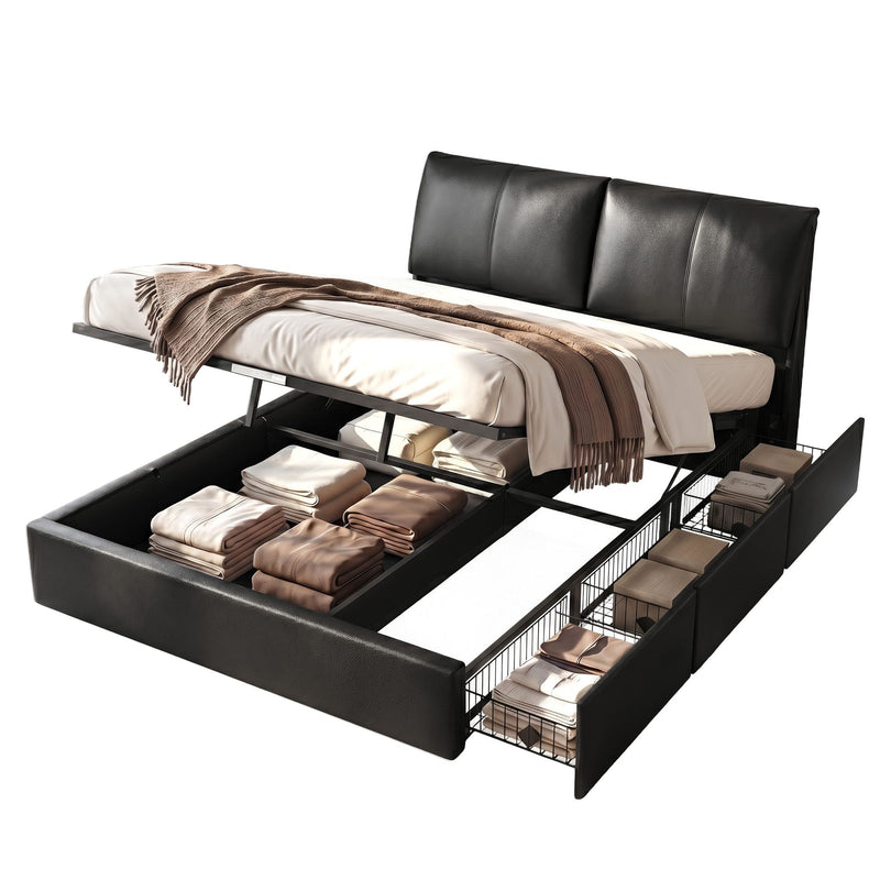Artiss Queen Bed Frame Gas Lift Storage 3 Drawers Adjustable Headboard Platform Bed Black