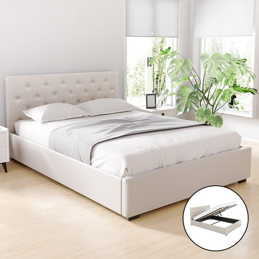 Artiss Bed Frame DOUBLE Size Gas Lift Beige VILA