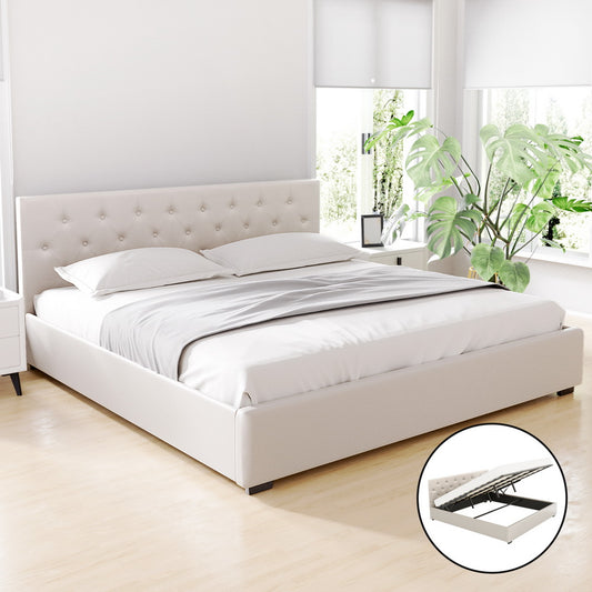 Artiss King Size Gas Lift Bed Frame Beige VILA