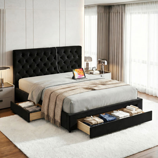Artiss KING Bed Frame Storage Charging Station Upholstered 3 Drawers USB Type-C