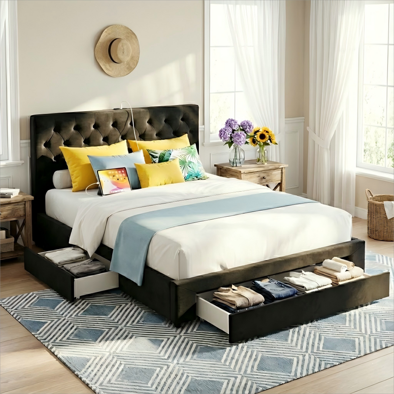 Artiss Queen Bed Frame Storage 3 Drawers USB Charging Station