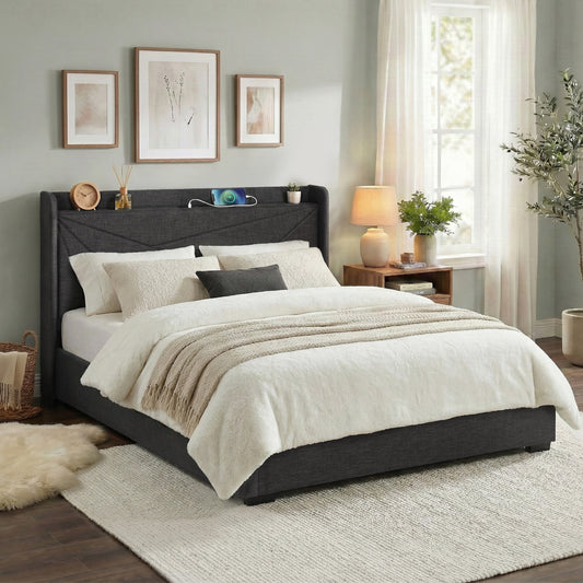 Artiss KING Bed Frame Gas Lift Storage Bed with Charging Ports Upholstered Geometric Headboard Charcoal Grey