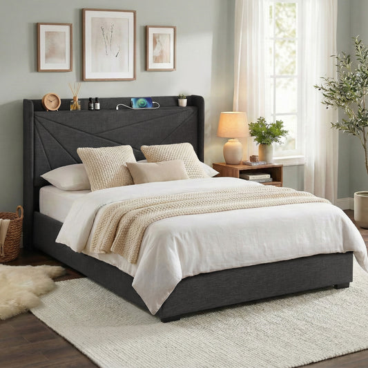 Artiss QUEEN Bed Frame Gas Lift Storage Bed with Charging Ports Upholstered Geometric Headboard Charcoal Grey