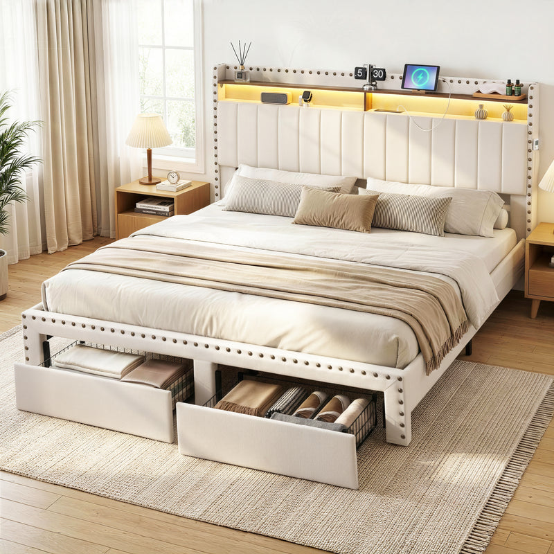 Artiss KING Bed Frame Storage Drawers Charging Station Linen