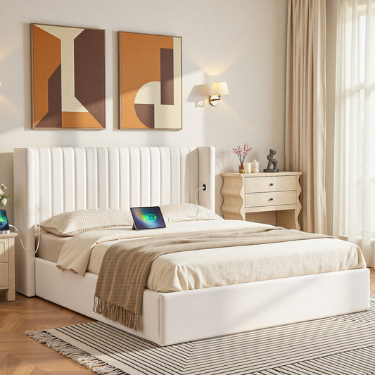 Artiss Double Bed Frame Gaslift Storage USB Charging Velvet White