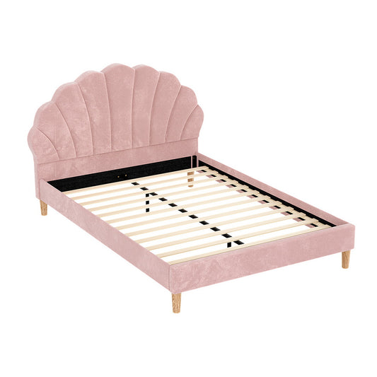 Artiss Double Bed Frame Scallop Bedhead Pink Velvet