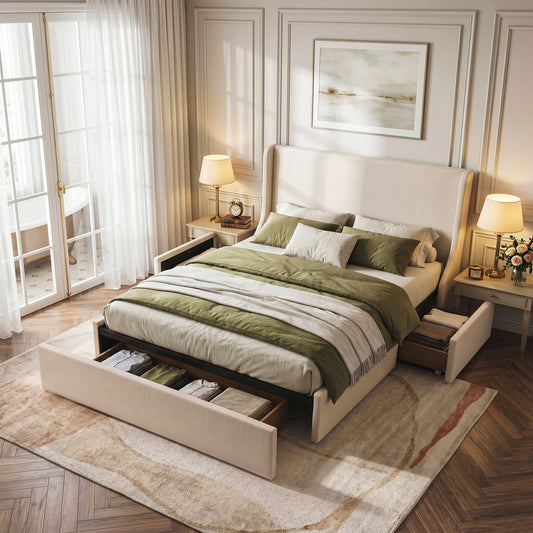 Artiss DOUBLE Upholstered Bed Frame with 3 Storage Drawers Wingback Headboard Heavy Duty Metal Platform Base