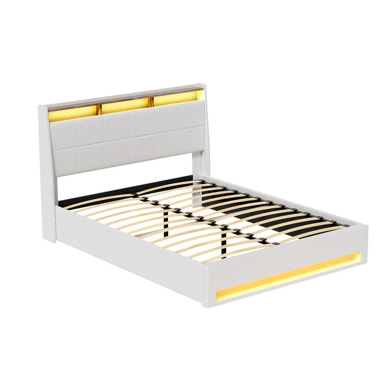 Artiss Gas Lift Bed Frame LED Double White Storage Headboard