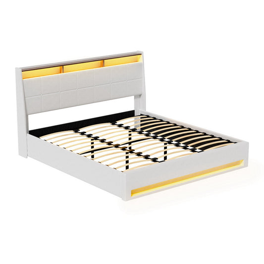 Artiss Gas Lift LED Bed Frame King White PVC Storage Headboard