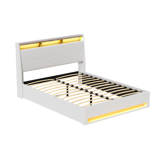 Artiss Queen Bed Frame Gas Lift LED Storage White PVC Leather