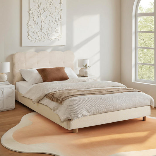 Artiss KING SINGLE Bed Frame Cloud Headboard Boucle Fabric Mattress Platform Base White