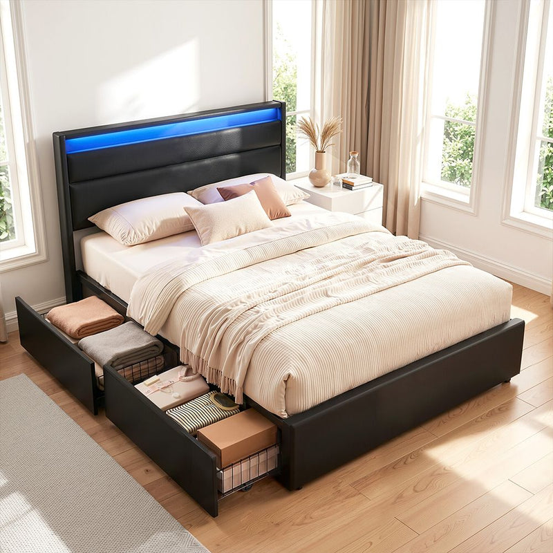 Artiss DOUBLE Bed Frame LED Black 4 Storage Drawers