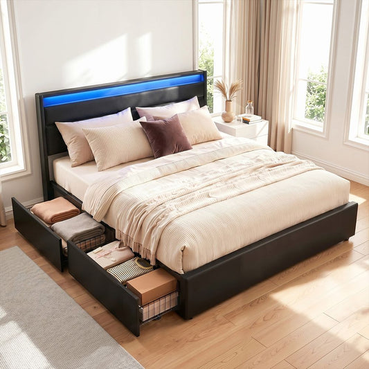 Artiss QUEEN Bed Frame LED 4 Drawers Black Storage