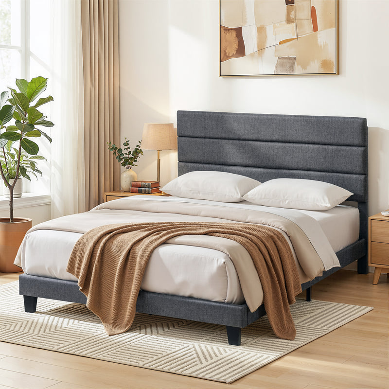 Artiss DOUBLE Bed Frame Upholstered Charcoal Grey Linen Headboard