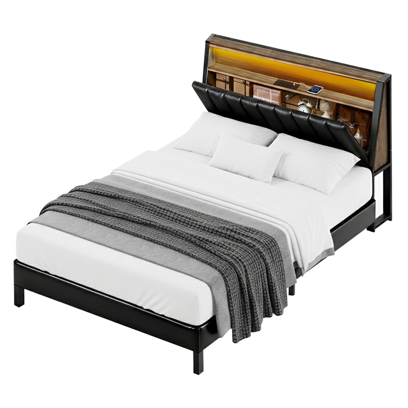 Artiss Double Bed Frame LED Storage Headboard Charging Black