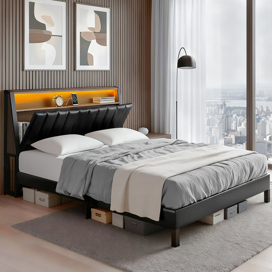 Artiss Queen Bed Frame LED Storage Headboard Charging Black