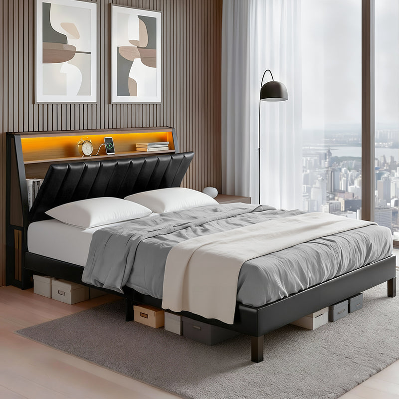 Artiss Queen Bed Frame LED Storage Headboard Charging Black